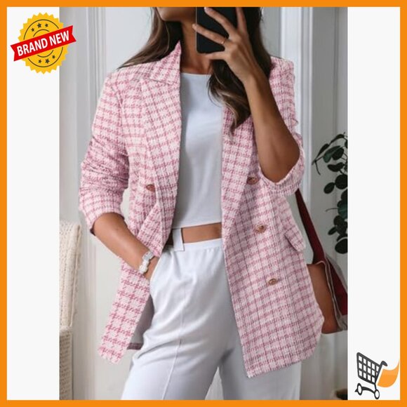 Plaid Tweed Blazer Double Breasted Long Sleeve Open Front Work Casual - Picture 2 of 7